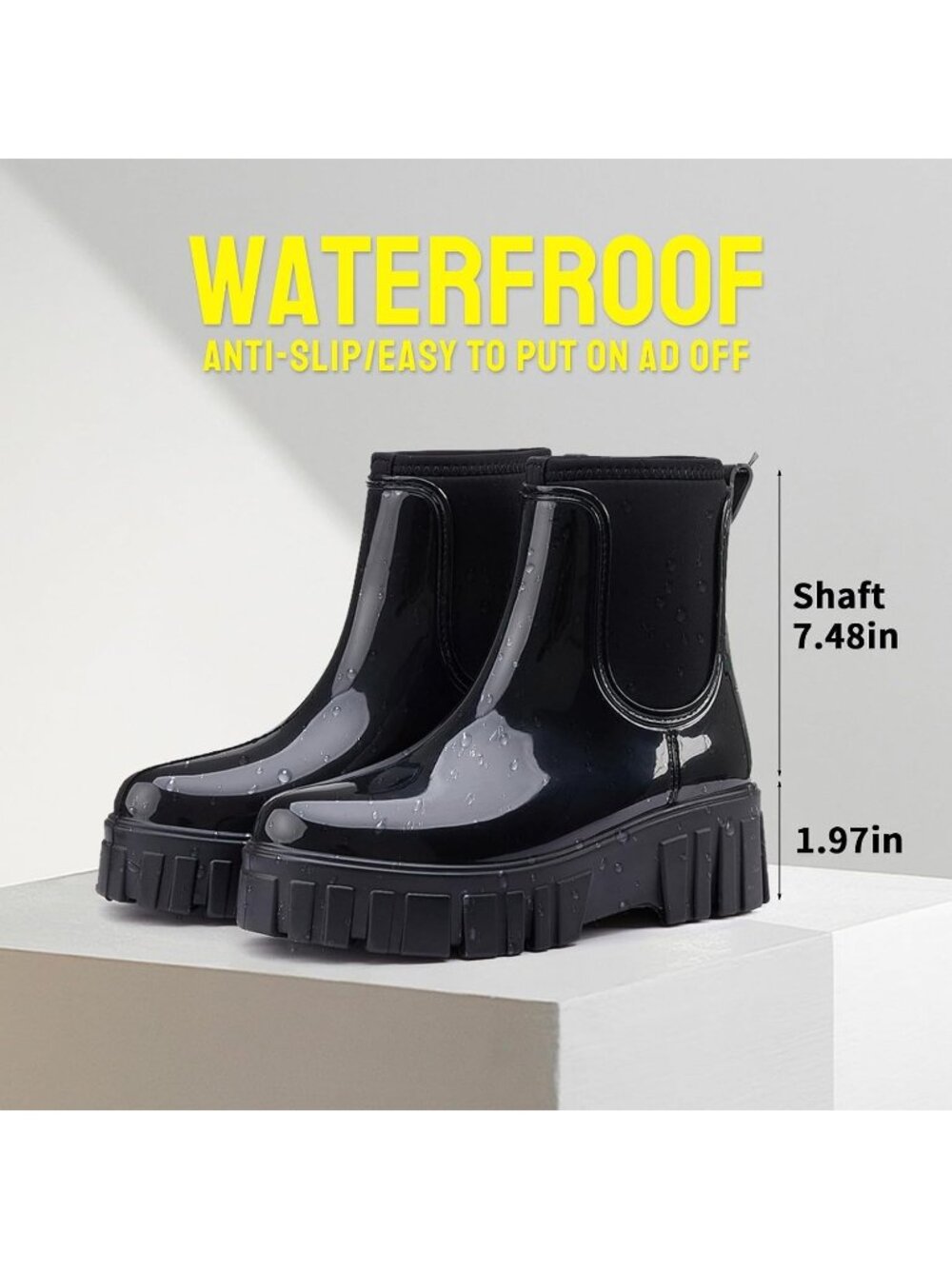 Women's Black Comfortable Platform Rubber Chelsea Ankle Garden Short Rain Boots - Picture 4 of 5